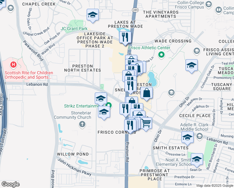 map of restaurants, bars, coffee shops, grocery stores, and more near 8810 Lebanon Road in Frisco