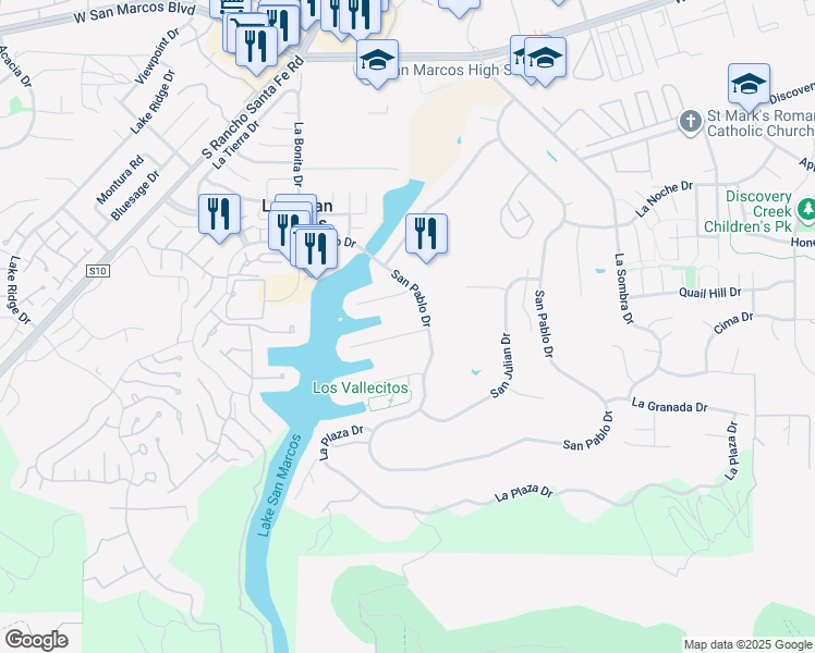 map of restaurants, bars, coffee shops, grocery stores, and more near 1420 La Linda Drive in San Marcos
