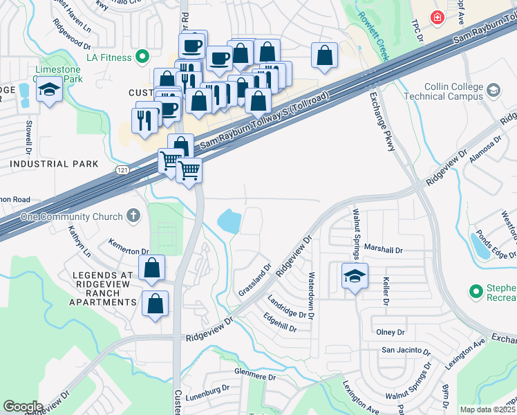 map of restaurants, bars, coffee shops, grocery stores, and more near 1421 Field Drive in Allen