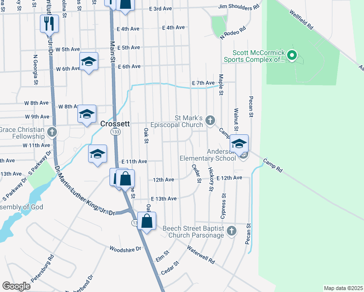 map of restaurants, bars, coffee shops, grocery stores, and more near 908 Elm Street in Crossett