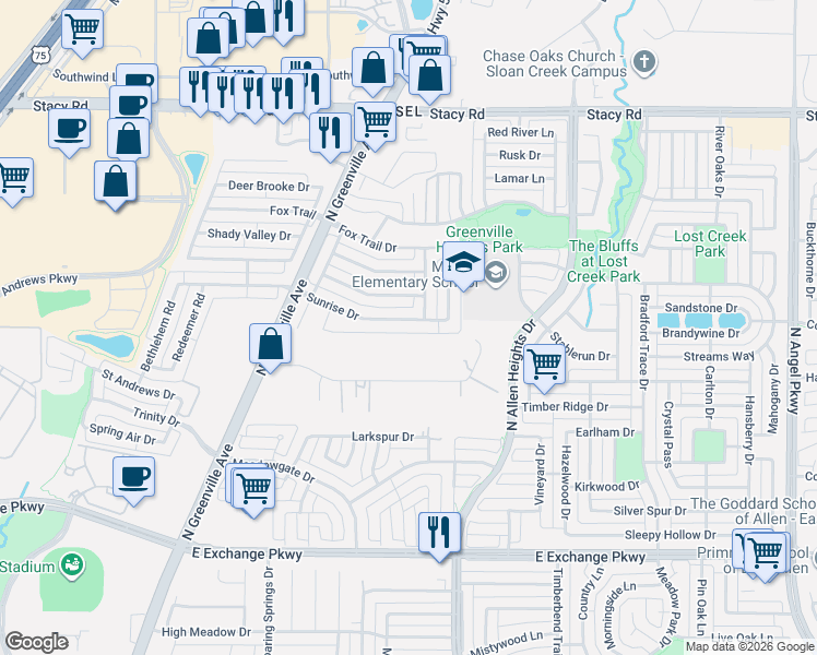 map of restaurants, bars, coffee shops, grocery stores, and more near 1112 Sunrise Drive in Allen