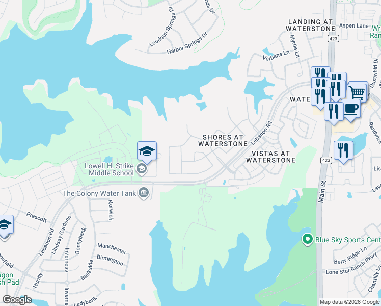 map of restaurants, bars, coffee shops, grocery stores, and more near 1165 Breakwater Drive in Frisco