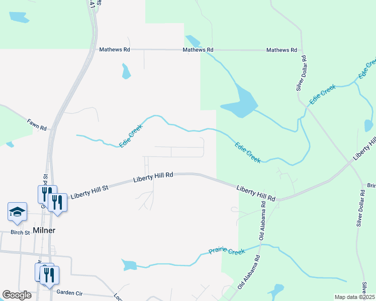 map of restaurants, bars, coffee shops, grocery stores, and more near 136 Charleston Lane in Milner