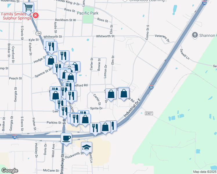 map of restaurants, bars, coffee shops, grocery stores, and more near 323 Bill Bradford Road in Sulphur Springs