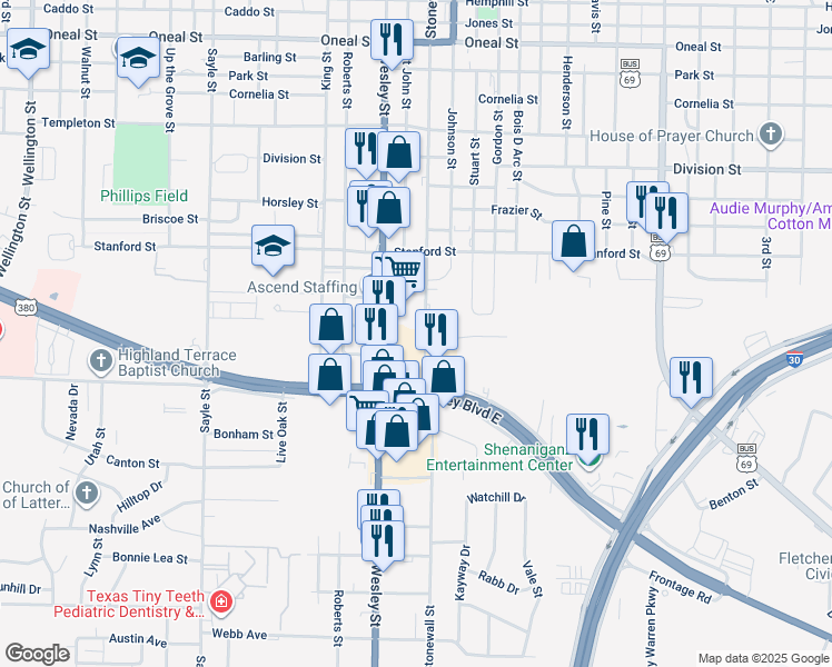map of restaurants, bars, coffee shops, grocery stores, and more near 4715 Wesley Street in Greenville