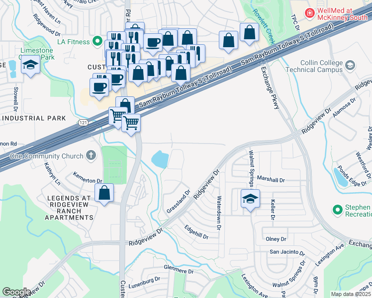 map of restaurants, bars, coffee shops, grocery stores, and more near 1416 Caliche Trail in Allen