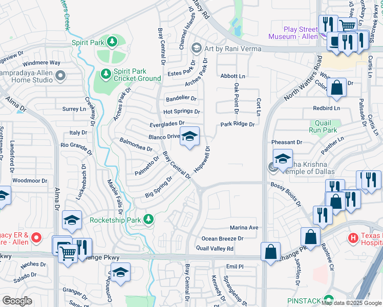 map of restaurants, bars, coffee shops, grocery stores, and more near 1501 Hopewell Drive in Allen