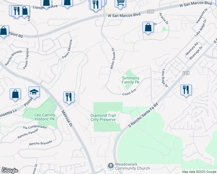 map of restaurants, bars, coffee shops, grocery stores, and more near 2196 Coast Avenue in San Marcos