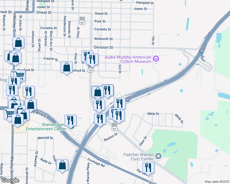 map of restaurants, bars, coffee shops, grocery stores, and more near 1214 Interstate 30 Frontage Road in Greenville