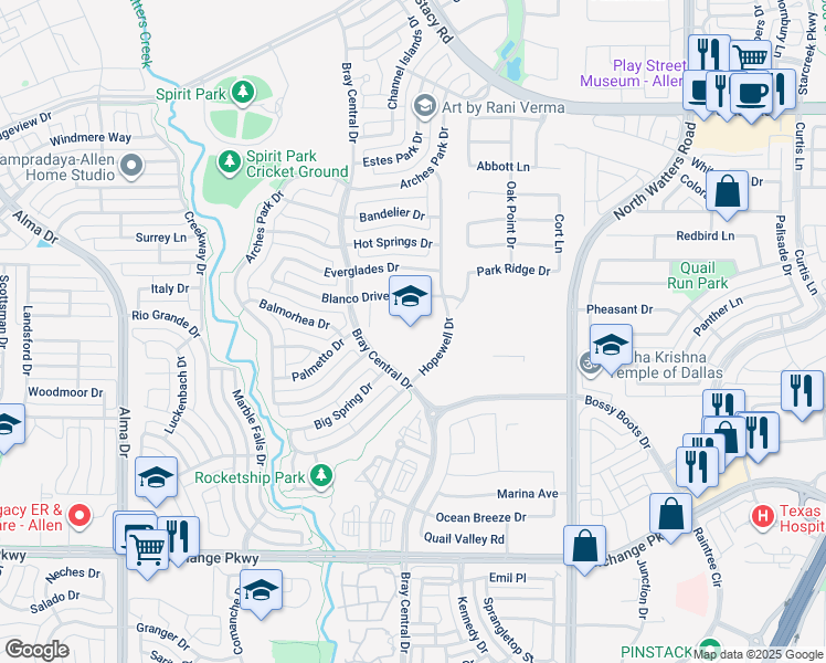 map of restaurants, bars, coffee shops, grocery stores, and more near 1501 Hopewell Drive in Allen