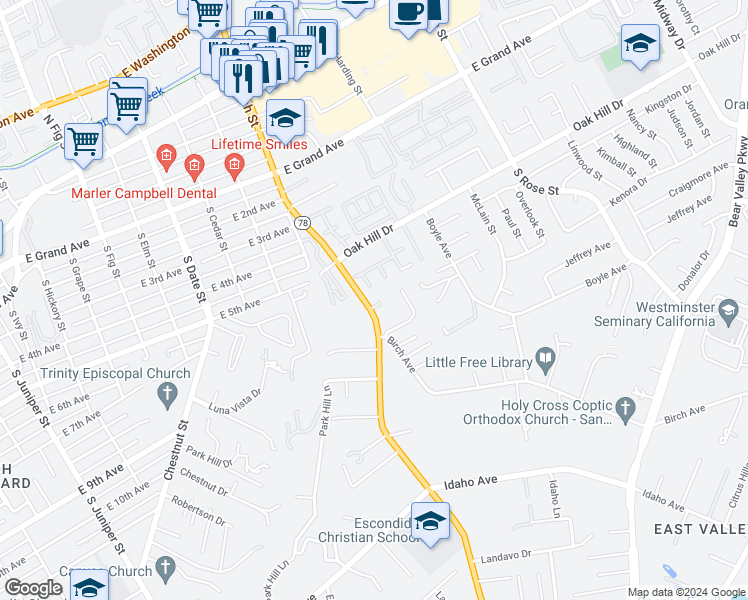 map of restaurants, bars, coffee shops, grocery stores, and more near 714 San Pasqual Valley Road in Escondido