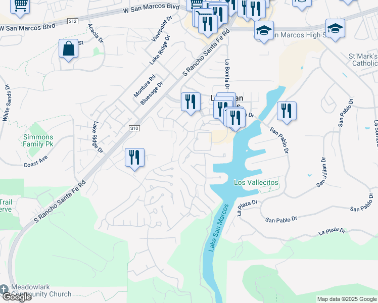 map of restaurants, bars, coffee shops, grocery stores, and more near 1208 Via Viento Suave in San Marcos