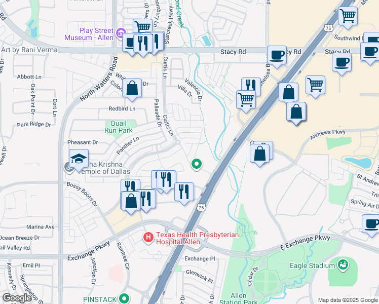 map of restaurants, bars, coffee shops, grocery stores, and more near Pebble Way in Allen
