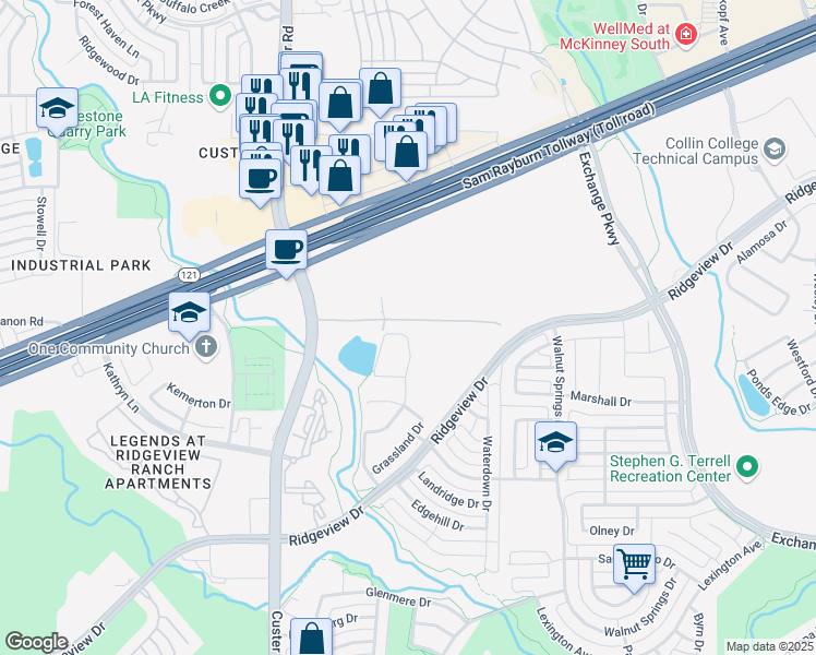 map of restaurants, bars, coffee shops, grocery stores, and more near 1421 Field Drive in Allen