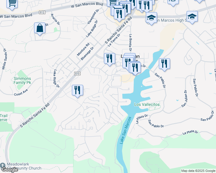 map of restaurants, bars, coffee shops, grocery stores, and more near 1208 Via Viento Suave in San Marcos
