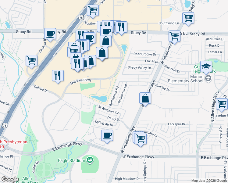 map of restaurants, bars, coffee shops, grocery stores, and more near 1519 Bethlehem Road in Allen