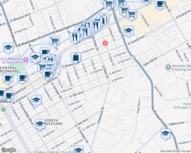 map of restaurants, bars, coffee shops, grocery stores, and more near 319 South Elm Street in Escondido