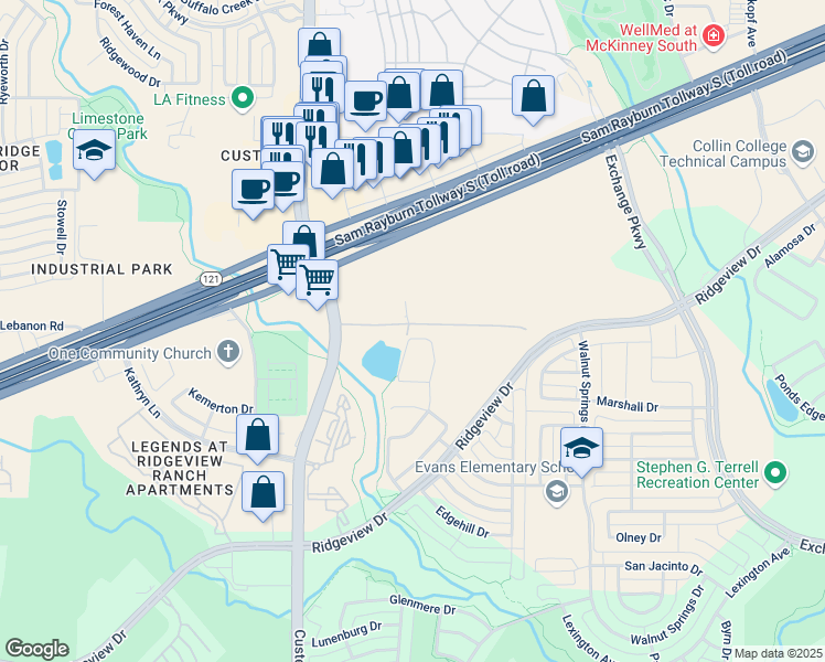 map of restaurants, bars, coffee shops, grocery stores, and more near 1413 Field Drive in Allen