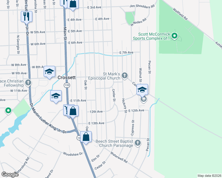 map of restaurants, bars, coffee shops, grocery stores, and more near 1000 Cedar Street in Crossett