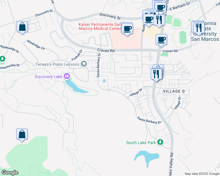 map of restaurants, bars, coffee shops, grocery stores, and more near 202 Treasure Drive in San Marcos