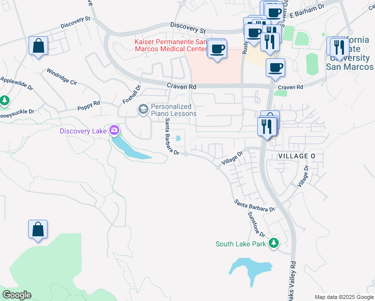 map of restaurants, bars, coffee shops, grocery stores, and more near 202 Treasure Drive in San Marcos