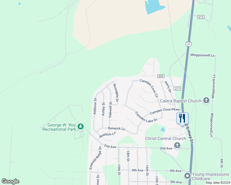 map of restaurants, bars, coffee shops, grocery stores, and more near 120 Rosegate Drive in Calera