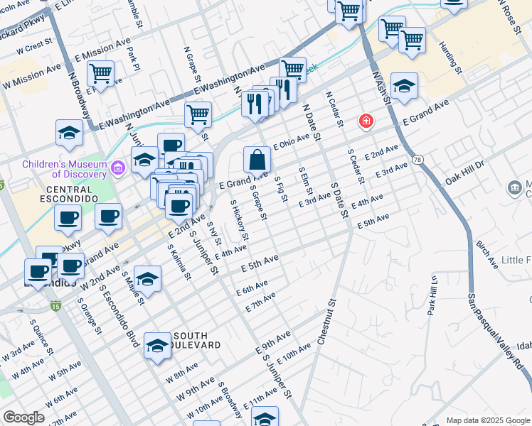 map of restaurants, bars, coffee shops, grocery stores, and more near 226 South Grape Street in Escondido
