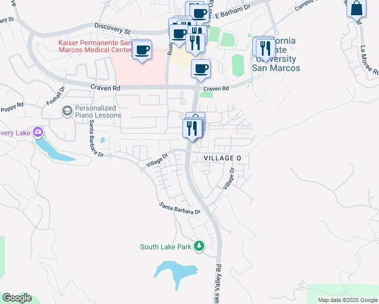 map of restaurants, bars, coffee shops, grocery stores, and more near Village Drive in San Marcos
