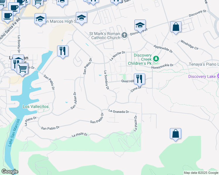 map of restaurants, bars, coffee shops, grocery stores, and more near 1101 La Sombra Drive in San Marcos