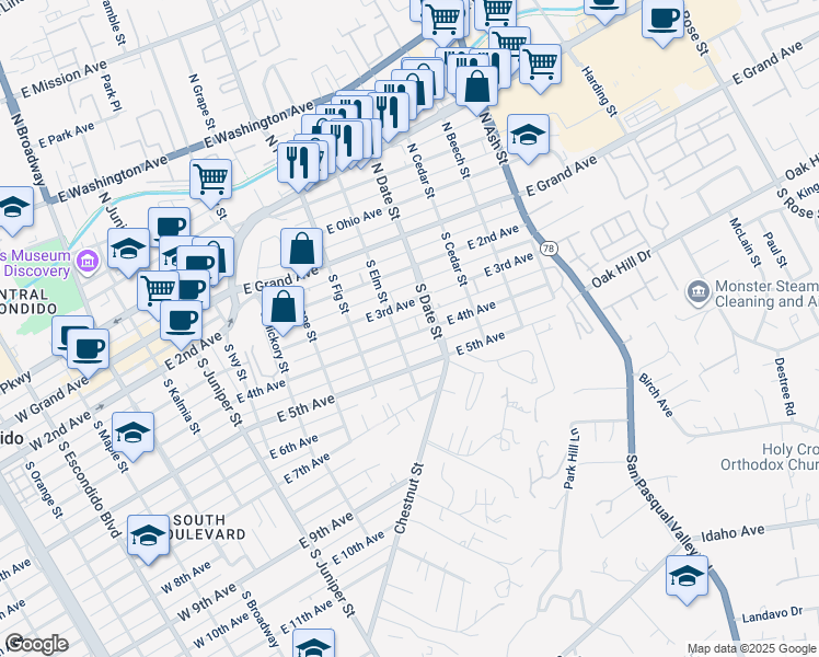 map of restaurants, bars, coffee shops, grocery stores, and more near 806 East 4th Avenue in Escondido