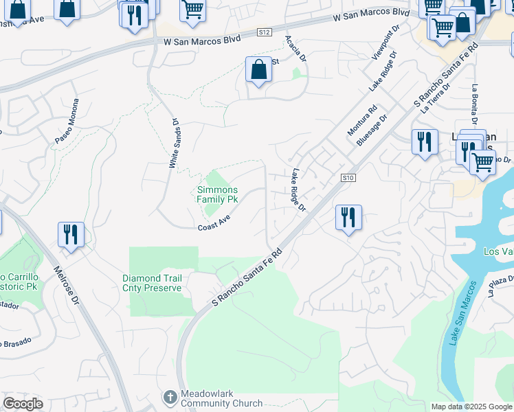 map of restaurants, bars, coffee shops, grocery stores, and more near 2112 Crystal Cove Way in San Marcos