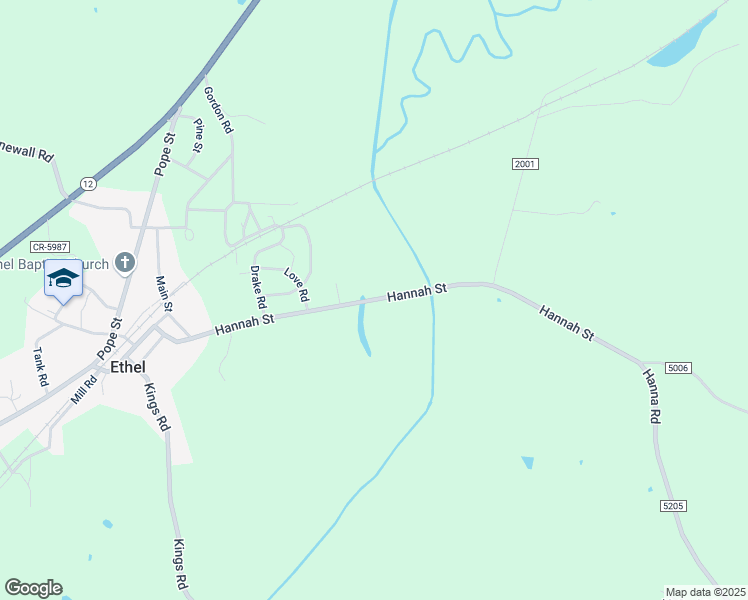 map of restaurants, bars, coffee shops, grocery stores, and more near Hannah Street in Ethel