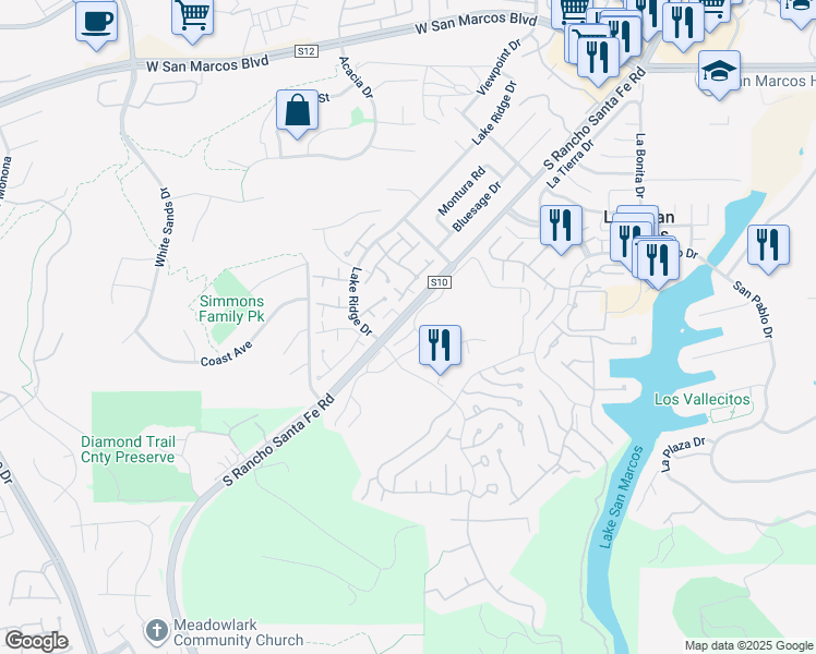 map of restaurants, bars, coffee shops, grocery stores, and more near 1302 El Corral Lane in San Marcos