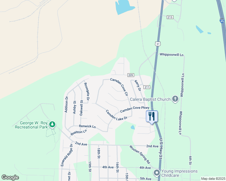 map of restaurants, bars, coffee shops, grocery stores, and more near 145 Mayfair Lane in Calera