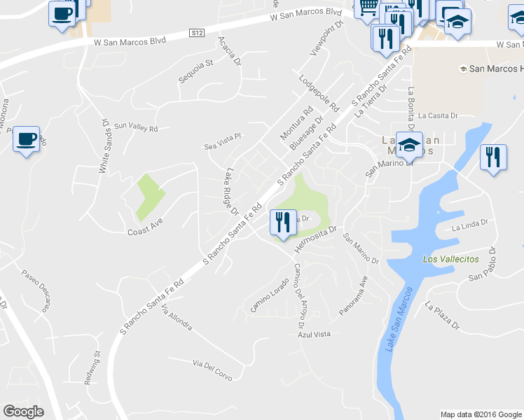 map of restaurants, bars, coffee shops, grocery stores, and more near 1302 El Corral Lane in San Marcos
