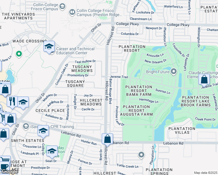 map of restaurants, bars, coffee shops, grocery stores, and more near 5317 Baton Rouge Boulevard in Frisco