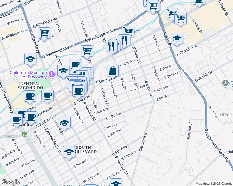 map of restaurants, bars, coffee shops, grocery stores, and more near 226 South Grape Street in Escondido