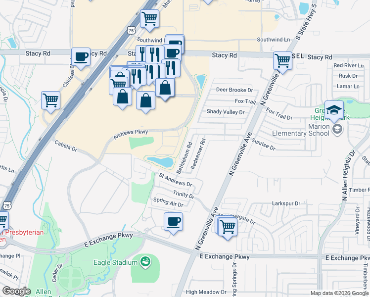 map of restaurants, bars, coffee shops, grocery stores, and more near 1519 Bethlehem Road in Allen