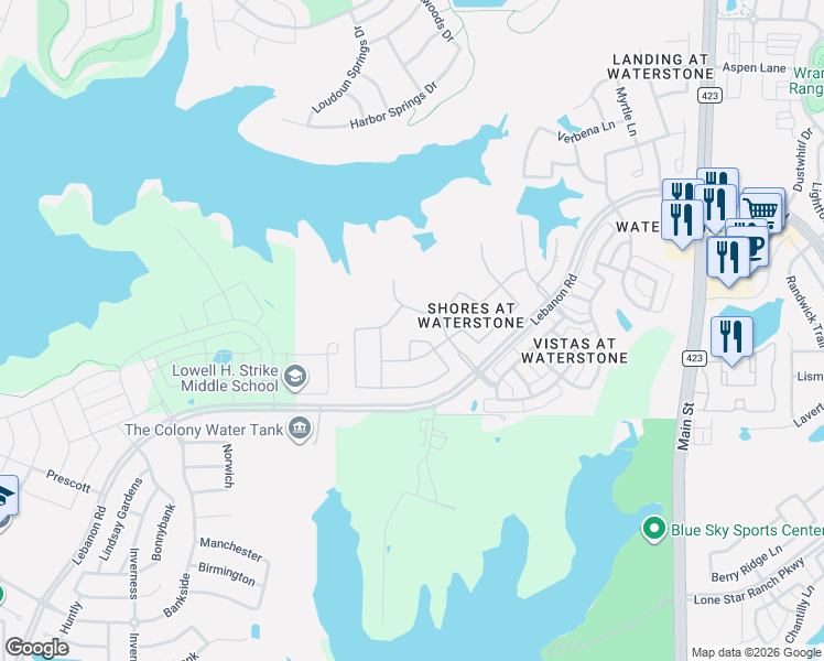 map of restaurants, bars, coffee shops, grocery stores, and more near 1165 Breakwater Drive in Frisco