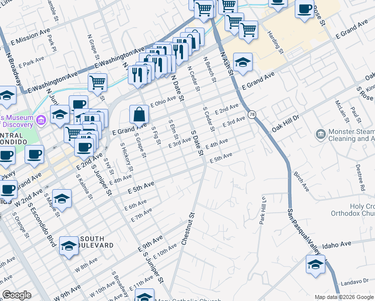 map of restaurants, bars, coffee shops, grocery stores, and more near 806 East 4th Avenue in Escondido