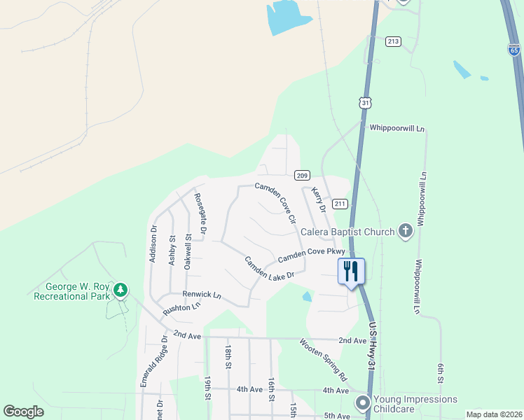 map of restaurants, bars, coffee shops, grocery stores, and more near 145 Mayfair Lane in Calera