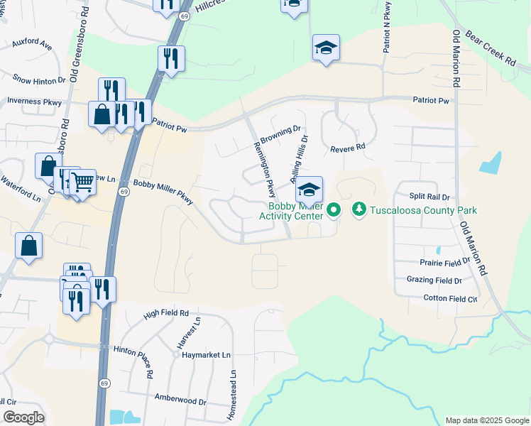 map of restaurants, bars, coffee shops, grocery stores, and more near 440 Camille Lane in Tuscaloosa