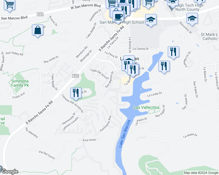 map of restaurants, bars, coffee shops, grocery stores, and more near 1681 Circa Del Lago in San Marcos