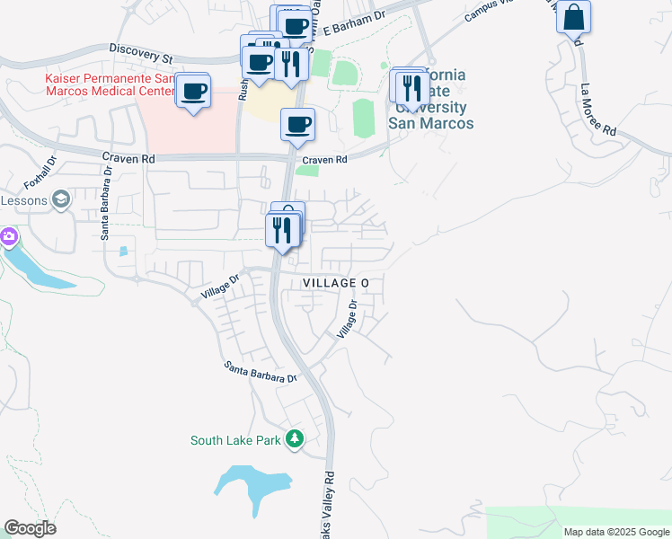 map of restaurants, bars, coffee shops, grocery stores, and more near 121 Dole Way in San Marcos