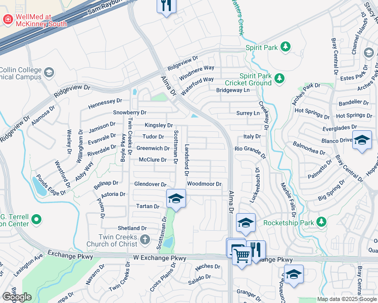 map of restaurants, bars, coffee shops, grocery stores, and more near 1327 Marwood Drive in Allen