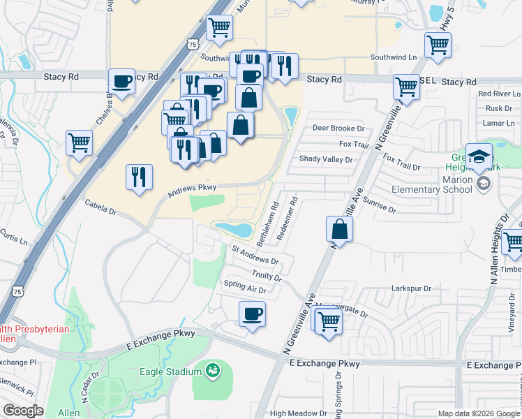 map of restaurants, bars, coffee shops, grocery stores, and more near 1519 Bethlehem Road in Allen