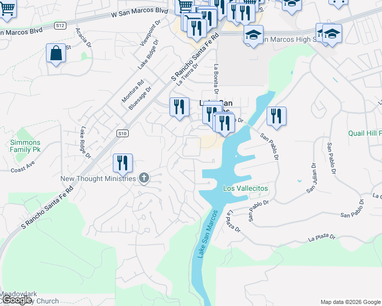 map of restaurants, bars, coffee shops, grocery stores, and more near 1664 Circa Del Lago in San Marcos
