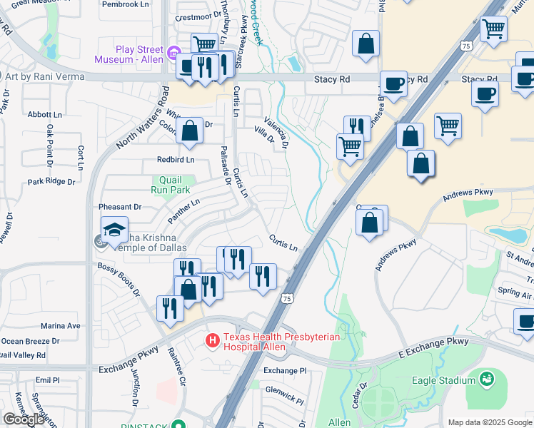 map of restaurants, bars, coffee shops, grocery stores, and more near 1441 Pebble Way in Allen