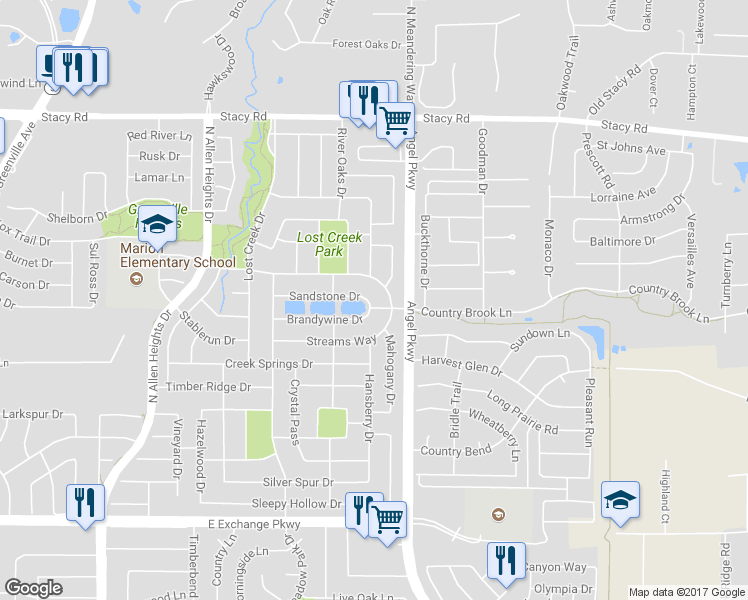 map of restaurants, bars, coffee shops, grocery stores, and more near 1553 Sandstone Drive in Allen