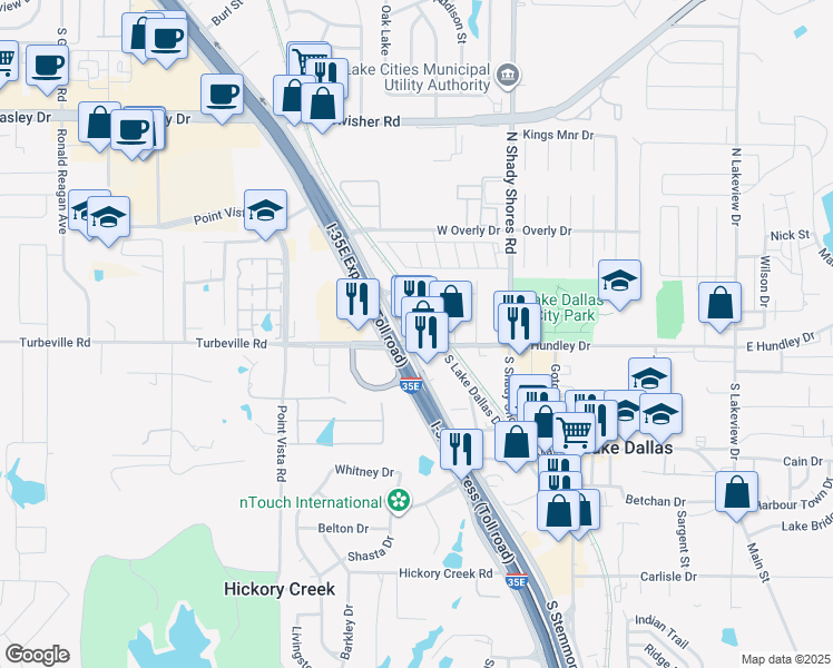 map of restaurants, bars, coffee shops, grocery stores, and more near 301 West Hundley Drive in Lake Dallas